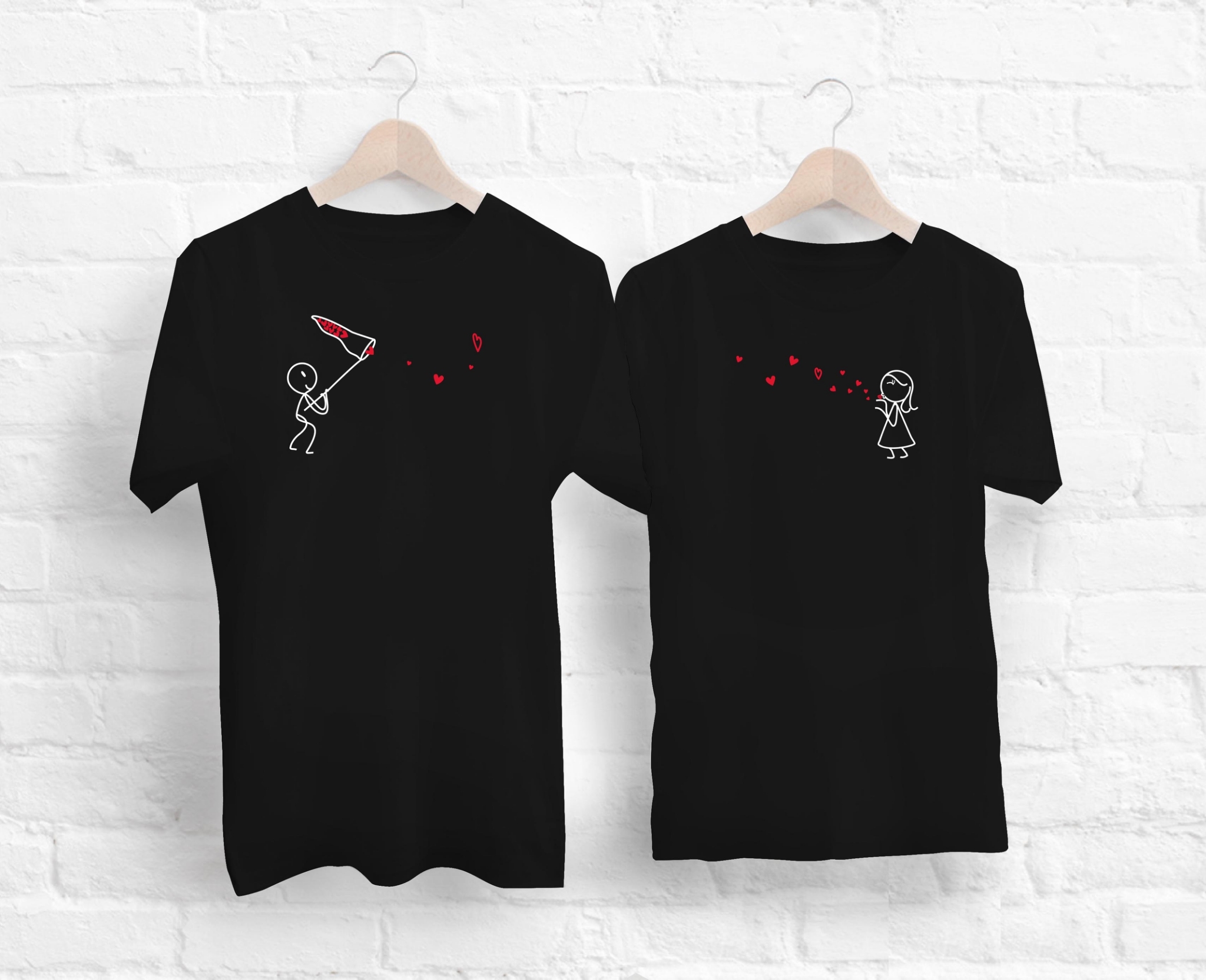 His & Her Kiss Catcher Black Couple T-Shirts