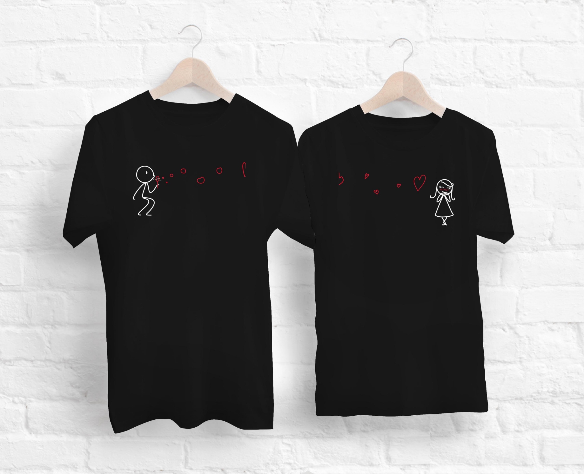 His & Her Love Bubble Black Couple T-Shirts