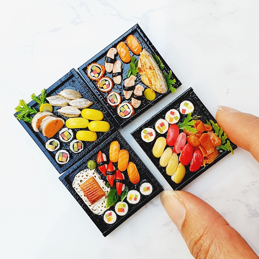 6 4 Sushi Bento Wooden Box Dollshouse Miniatures Japanese Food Deco Supply 