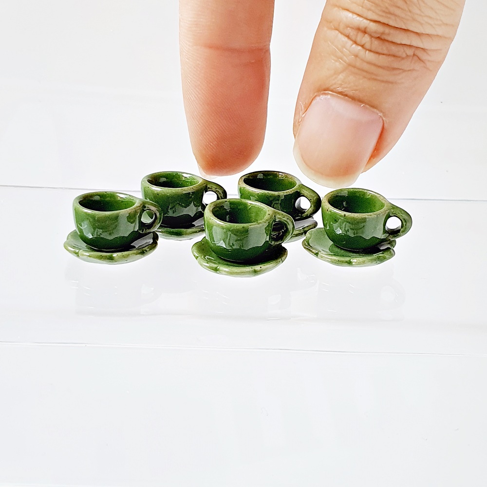 5 Set Ceramic Miniatures Green Coffee Tea Cups Saucers