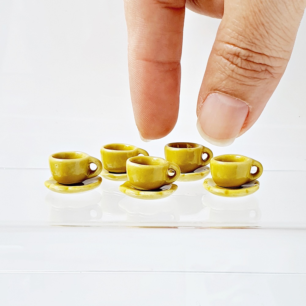 5 Set Ceramic Miniatures Yellow Coffee Tea Cups Saucers