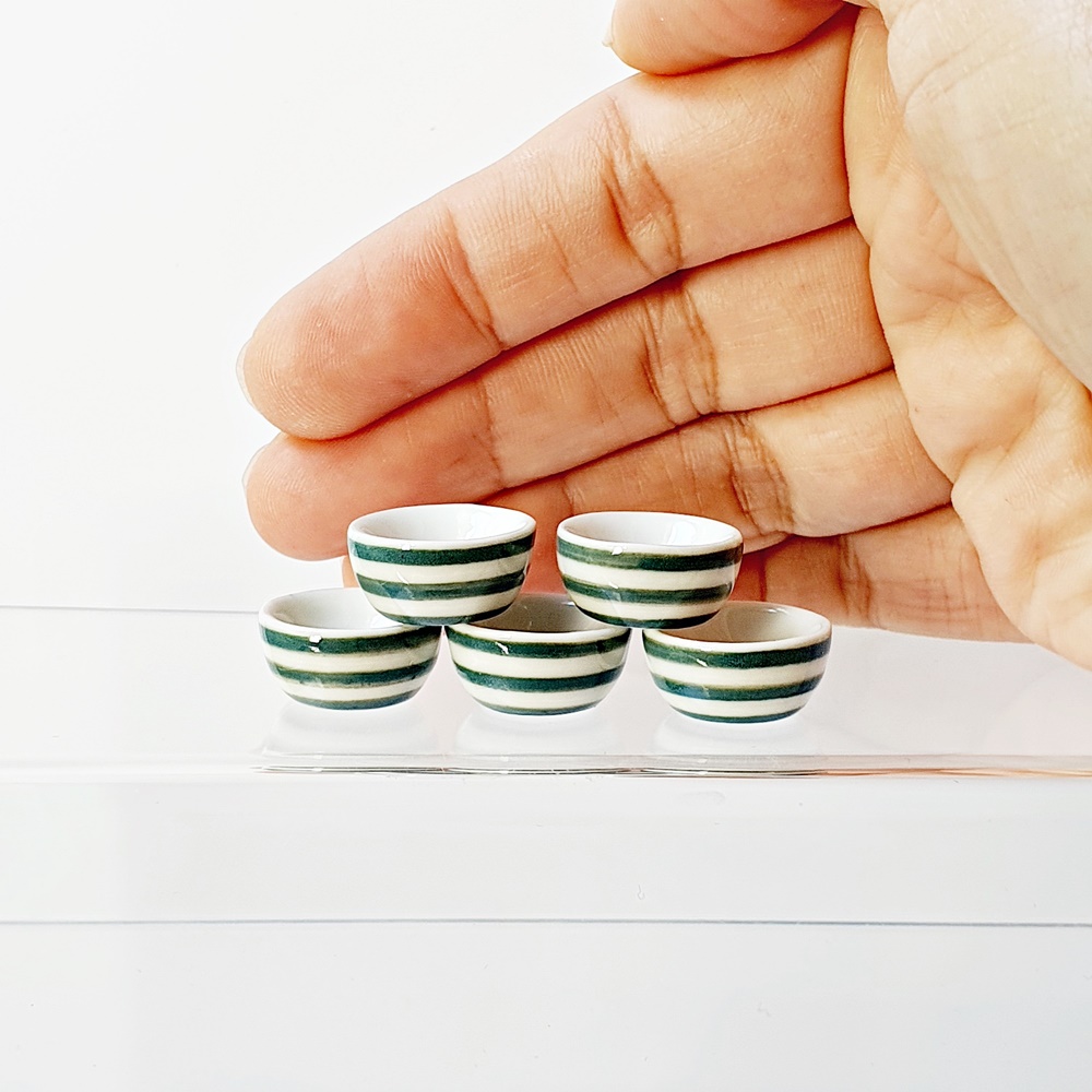 Dollhouse Ceramic Bowl Green Strip 18 mm. Set 5 Pcs.