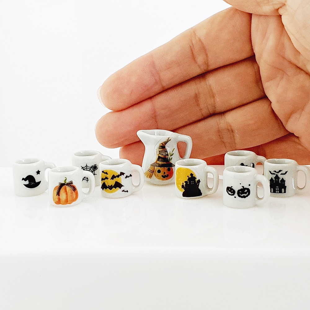 Set 9 Pcs. Ceramic Mug Halloween Handmade Miniatures