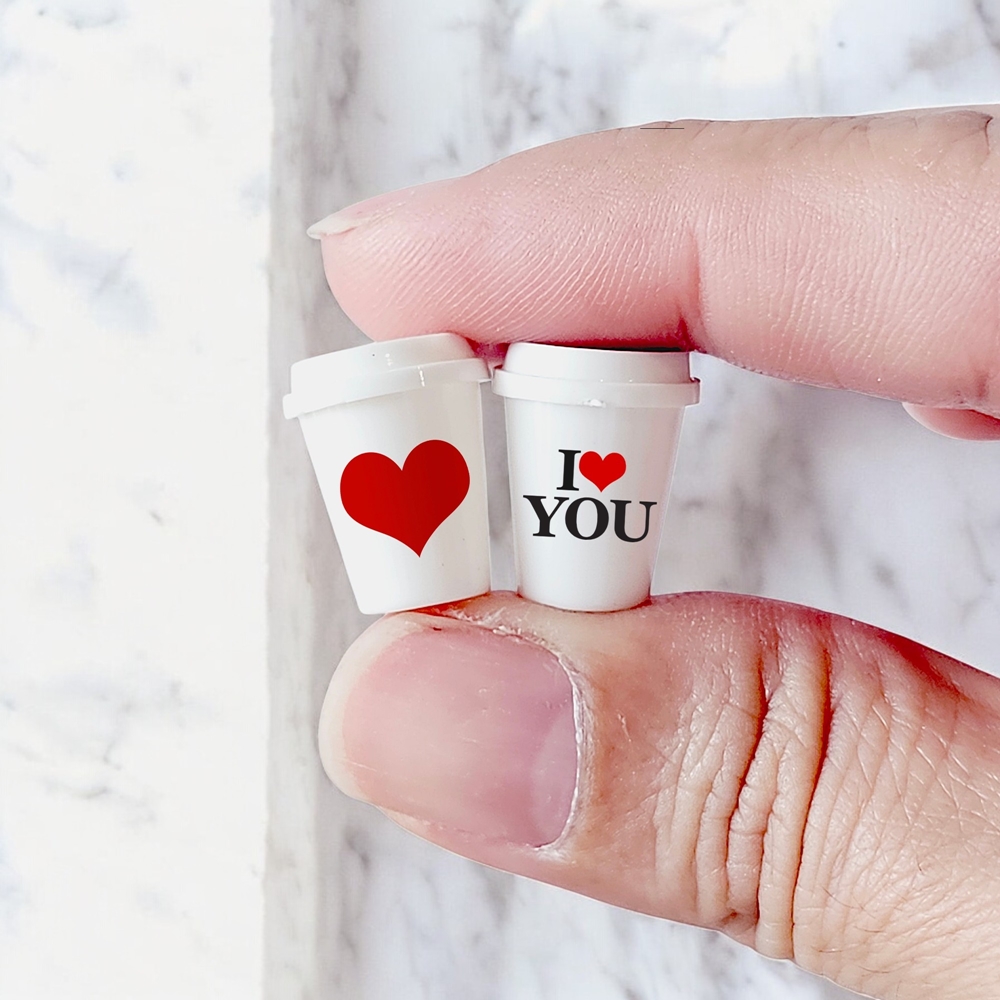 Miniature Coffee Cups with Love Designs – Valentine's Dollhouse Accessories