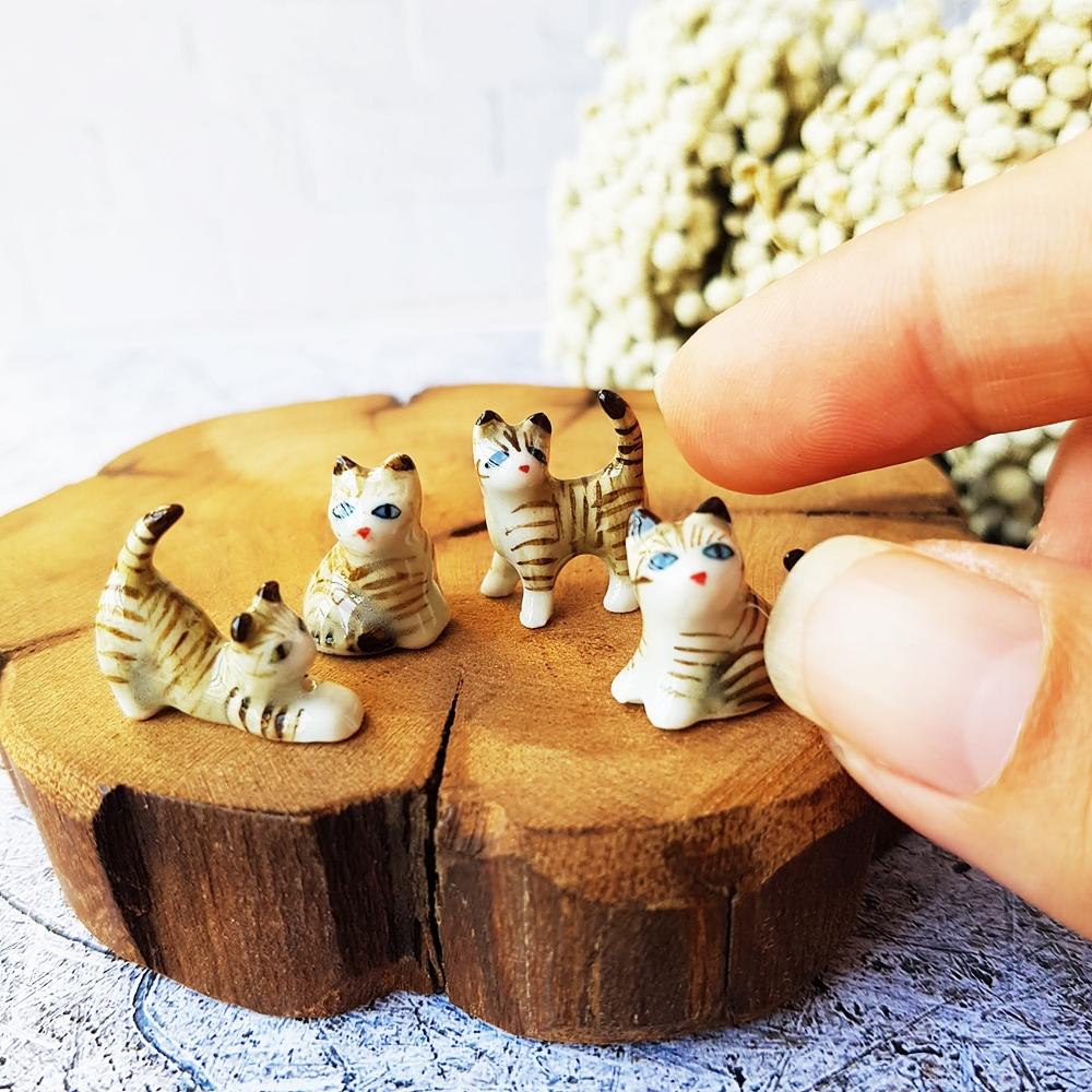 4x Mixed Miniature Figurine Mini Ceramic Hand Painted Brown Tiger Cat Kitten Collectibles Gift
