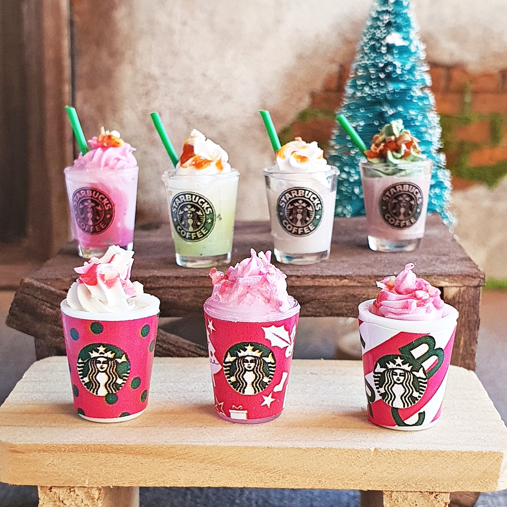 Dollhouse Miniatures Starbucks Hot Coffee Cup Drink Beverage Christmas Decoration Set