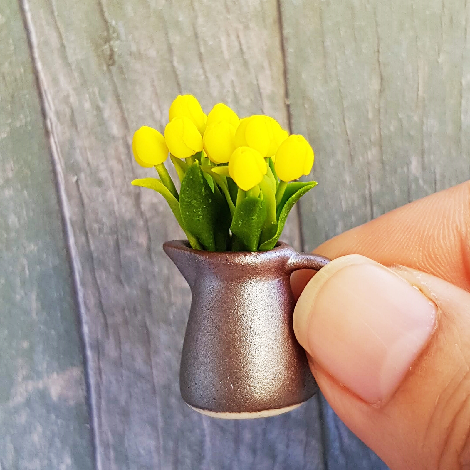 Yellow ฺBig Rose Clay Flower Ceramic Pot Dollhouse Miniature Tiny Handmade