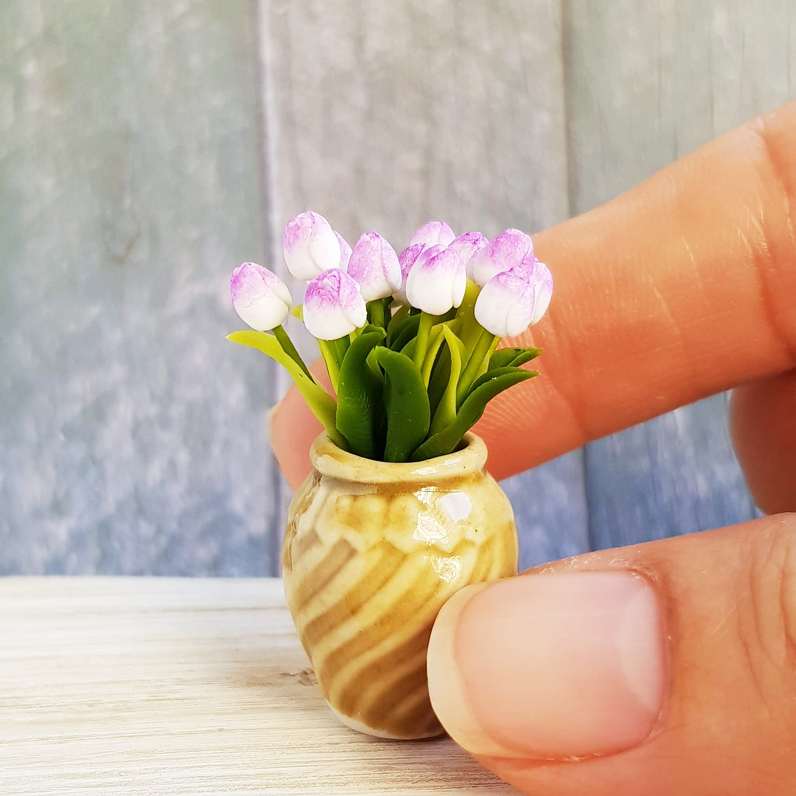Purple Rose Clay Flower Ceramic Pot Dollhouse Miniature Tiny Handmade