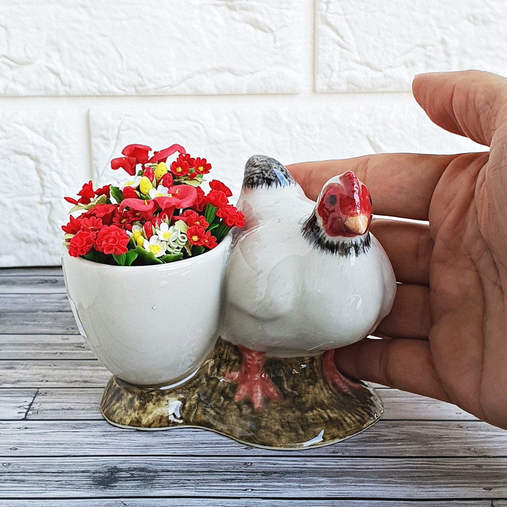 Dollhouse Miniatures Clay Red Flower in Ceramic Chicken Pot