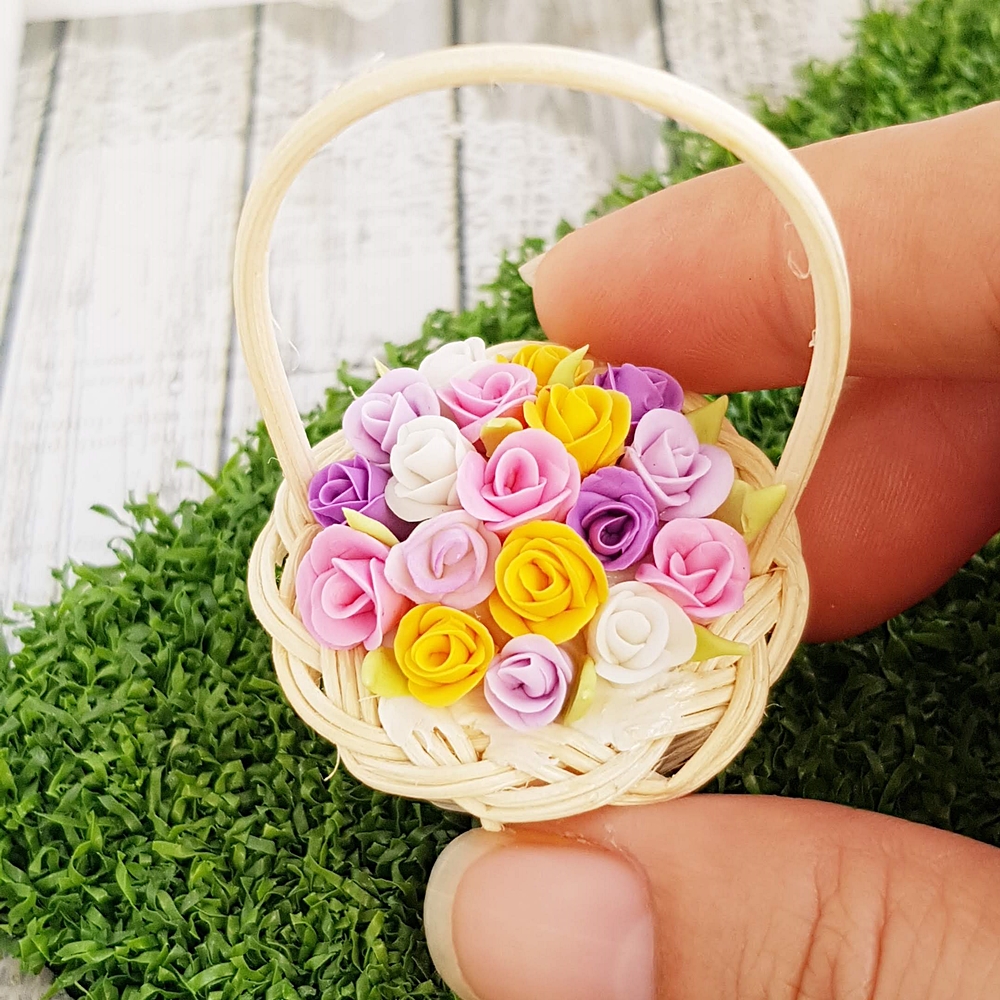 Dollhouse Miniatures Clay Flower Pastel Rose in Rattan Wicker Basket