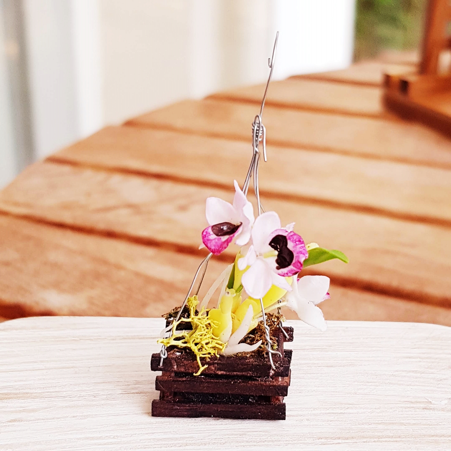 Fairy Garden Orchid Hanging , Tiny Artificial Orchid in Wood Crate, Flower Fairy Garden Miniatures , Handmade,Clay Flower, Garden Decoration
