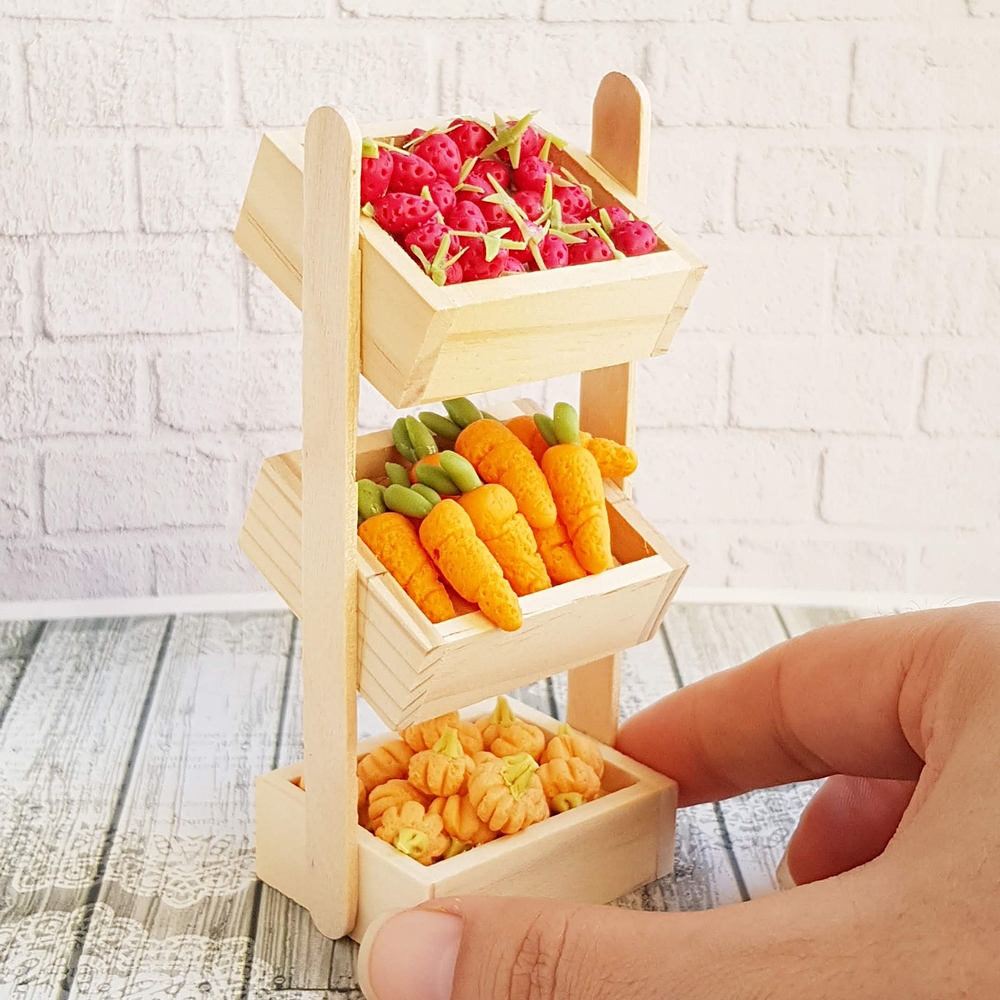 Mini Carrot Strawberry Pumpkin in Wood Crate Shelves ,Dollhouse Miniature, Vegetable,Miniature Handmade, Groceries Decoration , Fairy Garden