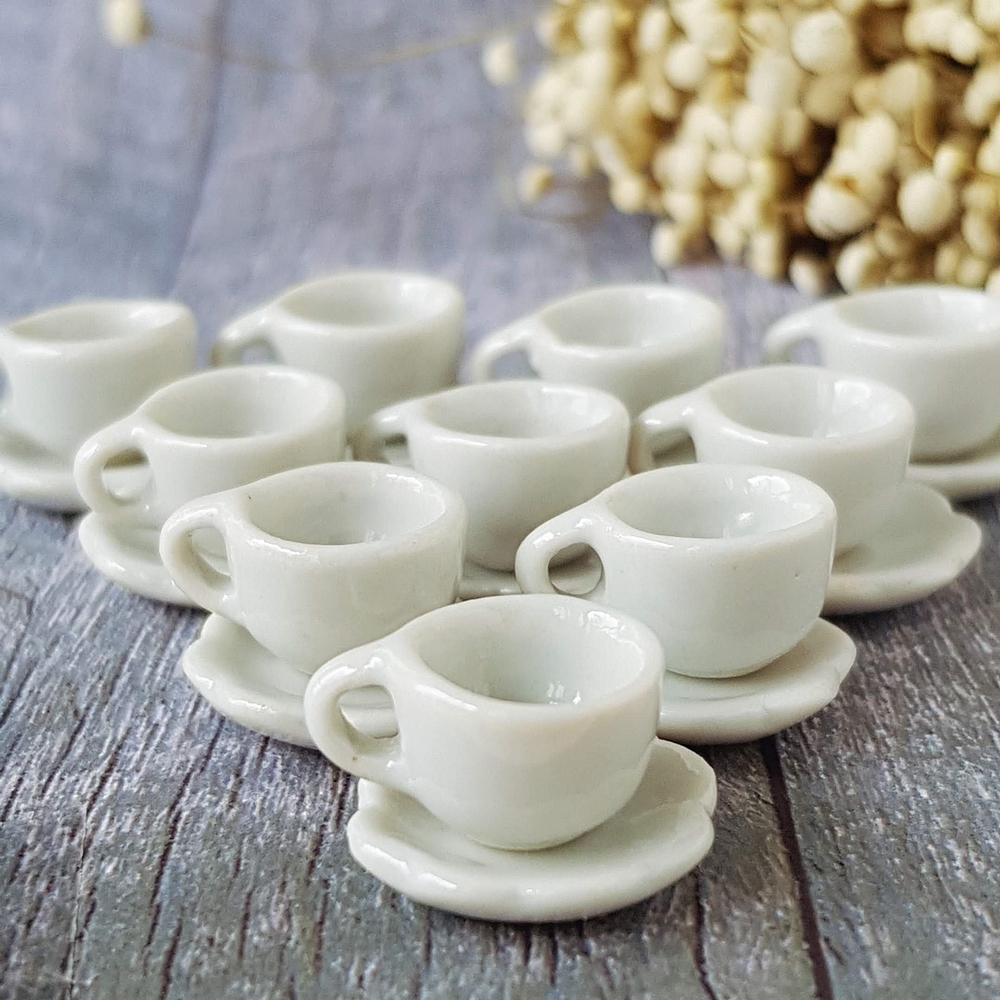 10 White Mini Ceramic Coffee Tea Cup Saucers Dollhouse Miniatures Wholesale Lot