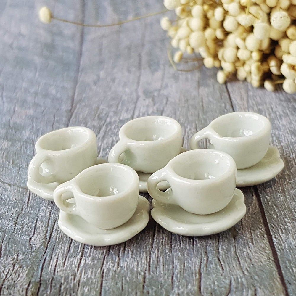 5 Set Mini Tiny Ceramic White Coffee Tea Cups Saucer for Dollhouse Miniature Wholesale Lot Price