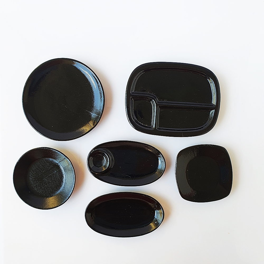 6x Mixed Black Ceramic Bento Japanese Plate Tray Dish Dollhouse Miniature Food Supply Decoration