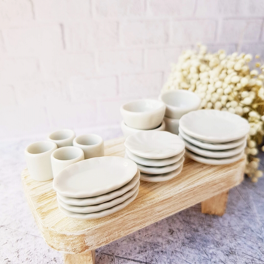 20x Mini White Ceramic Tableware Set Mixed Plates Dishes Tea Cups Bowls Dollhouse Miniature