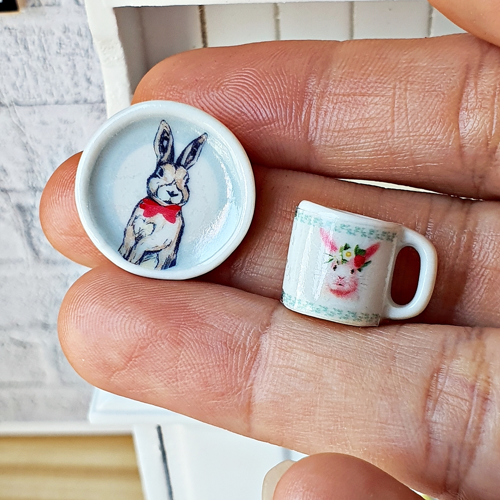 Dollhouse Miniatures Ceramic Tableware Easter Rabbit Bunny Mini Tiny Decoration