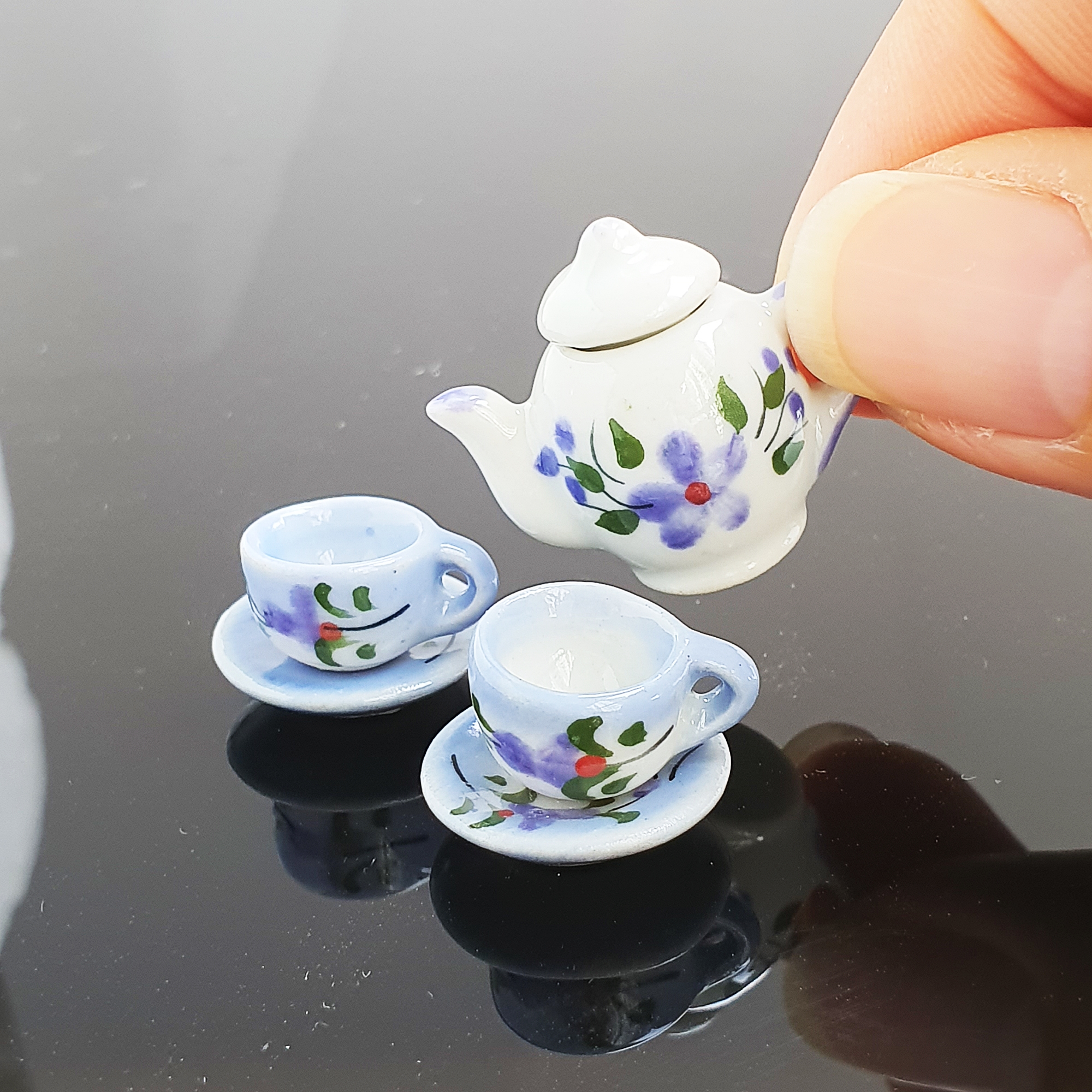 Dollhouse Miniatures Ceramic Coffee Tea Cup Set Hand Painted Purple Floral Decor