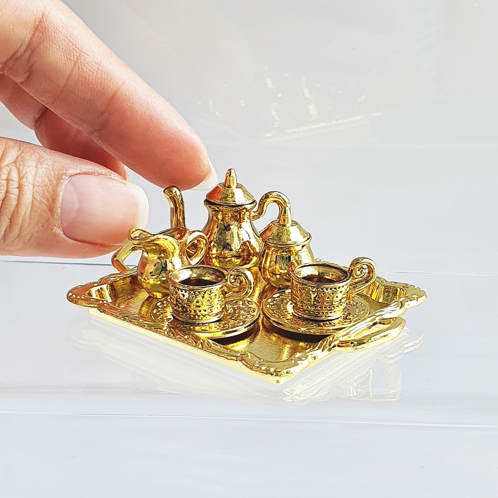 Dollhouse Miniatures Tableware Coffee Tea Cup Set Gold Kitchen Decoration