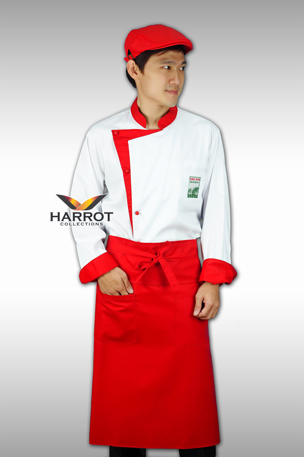 เสื้อกุ๊กแขนยาว สีขาวแต่งสีแดง กระดุมถอดได้ สีแดง 5 เม็ด