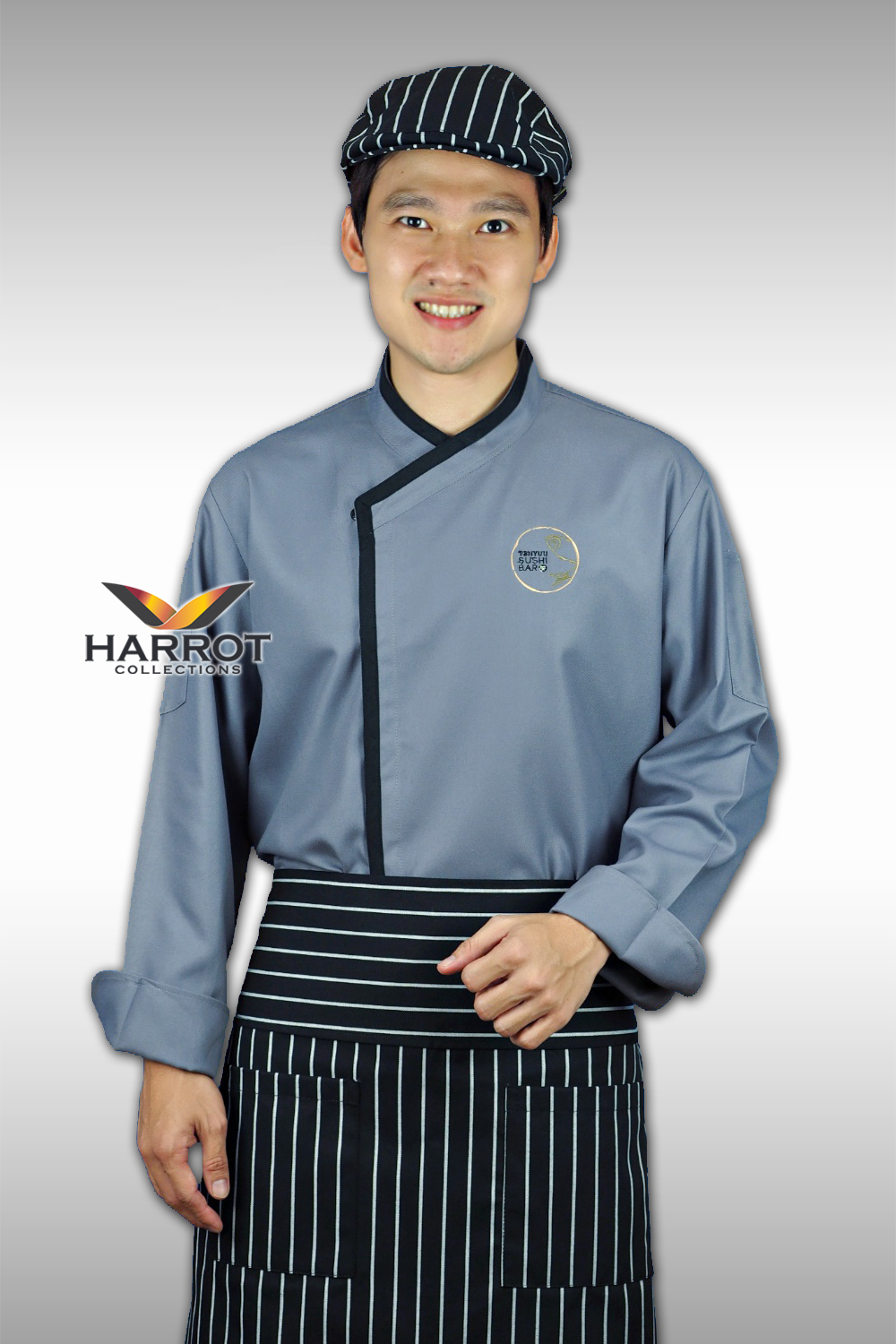 Black piping grey long sleeve chef jacket