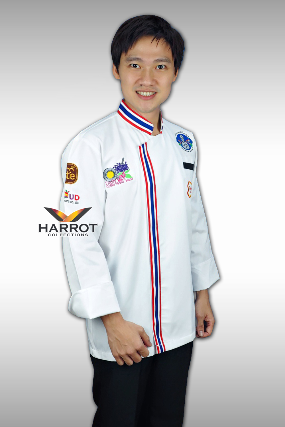 เสื้อกุ๊ก เสื้อเชฟ ชุดเชฟ เสื้อพ่อครัว แขนยาว สีขาว  แต่งสาบ และปกลายธงชาติ  (PRD0024)