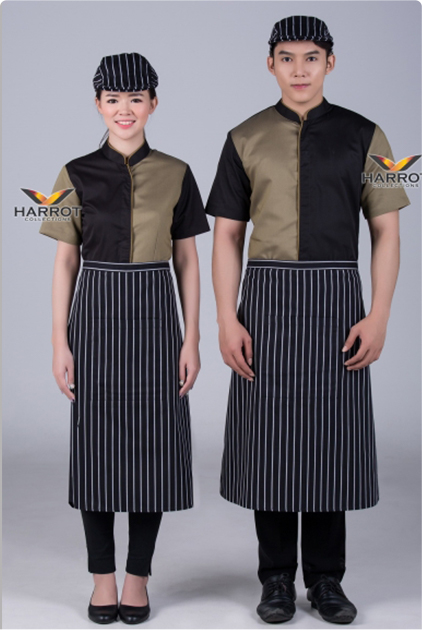 เสื้อพนักงานเสิร์ฟ เสื้อเสิร์ฟ เสื้อเชิ้ต เสื้อฟอร์ม เสื้อพนักงานต้อนรับ ชุดพนักงานเสิร์ฟ ทูโทนดำ-ทอง (SHI2002)