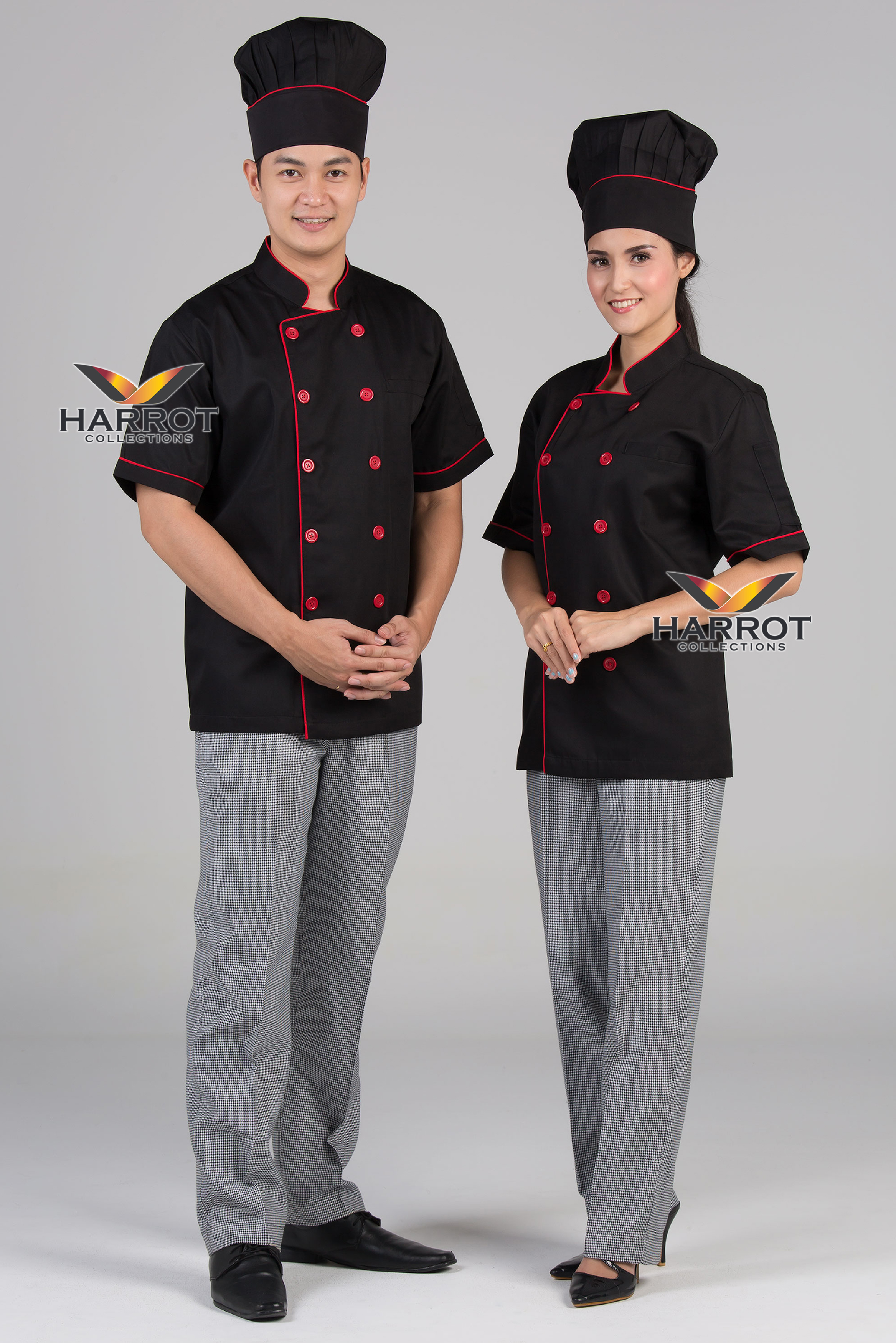เสื้อกุ๊ก เสื้อเชฟ ชุดเชฟ เสื้อพ่อครัว แขนสั้น สีดำกุ๊นแดง (FSS0105)