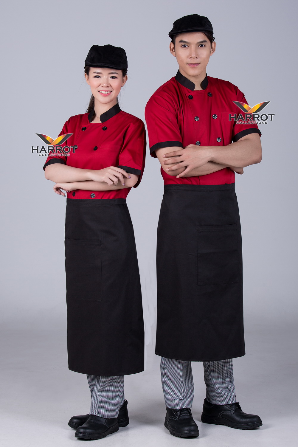 เสื้อกุ๊ก เสื้อเชฟ ชุดเชฟ เสื้อพ่อครัว แขนสั้น สีแดง ปกดำ (FSS0131)