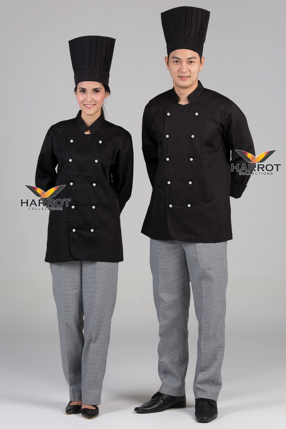 White stud buttons black long sleeve chef jacket
