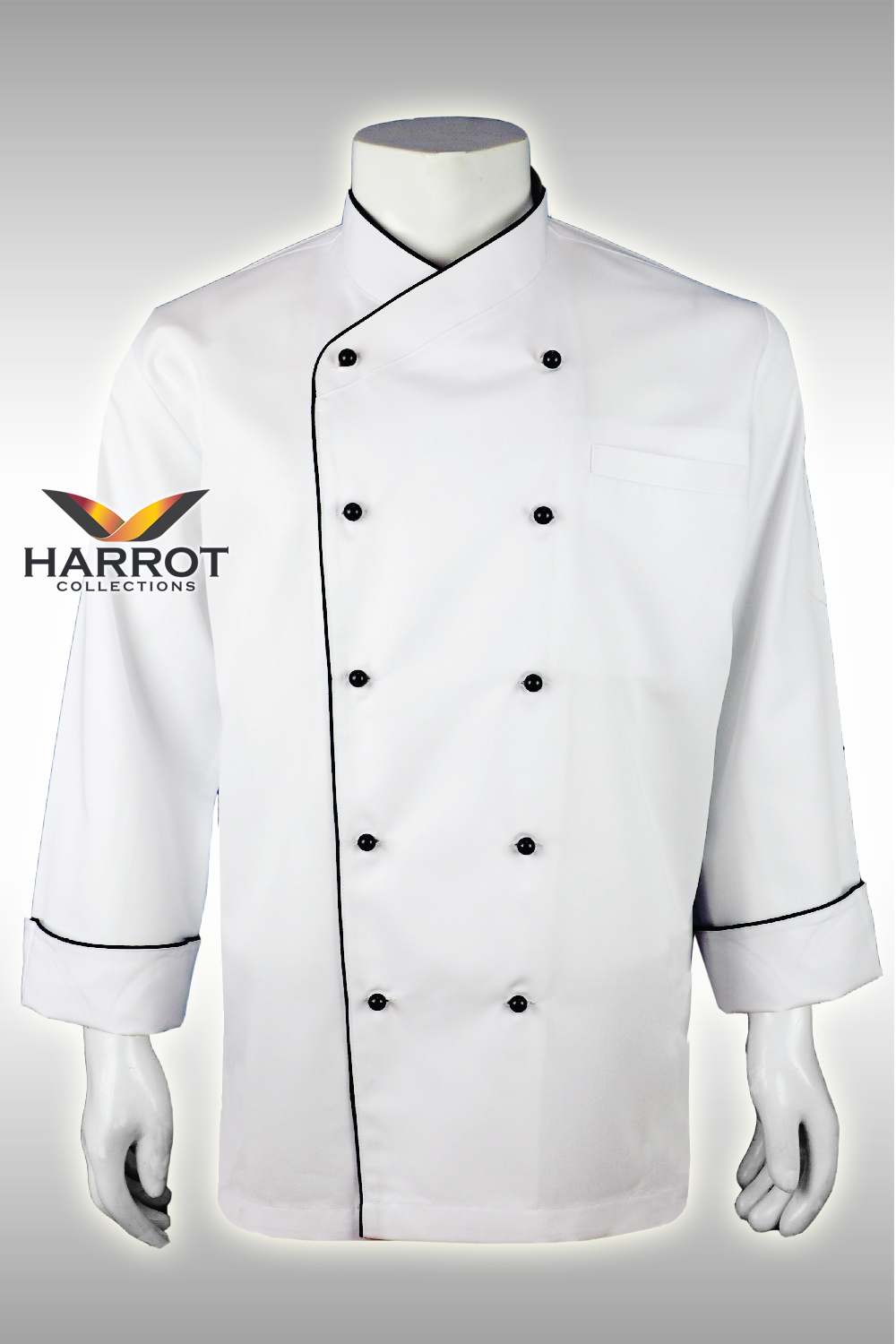 INS02 CHEFS WHITE JACKET FULL SLEEVES WHITE WITH BLACK POPPER BUTTONS 