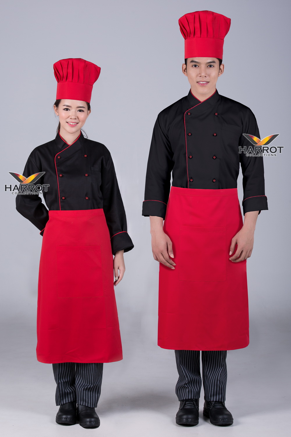 เสื้อกุ๊ก เสื้อเชฟ ชุดเชฟ เสื้อพ่อครัว แขนยาว คอป้าย สีดำกุ๊นแดง กระดุมถอดได้ สีแดง (FSS0513)