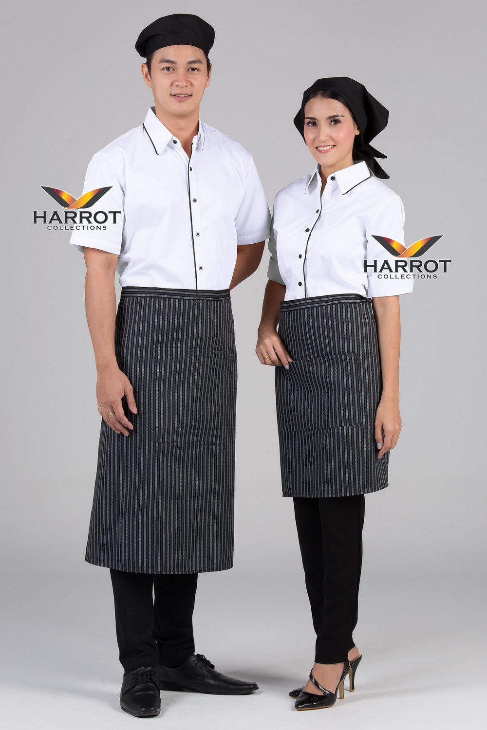 เสื้อพนักงานเสิร์ฟ เสื้อเสิร์ฟ เสื้อเชิ้ต เสื้อฟอร์ม เสื้อพนักงานต้อนรับ ชุดพนักงานเสิร์ฟ สีขาวกุ๊นดำ (SHI1201)
