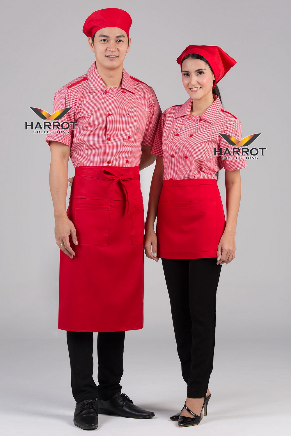 เสื้อพนักงานเสิร์ฟ เสื้อเสิร์ฟ เสื้อเชิ้ต เสื้อฟอร์ม เสื้อพนักงานต้อนรับ ชุดพนักงานเสิร์ฟ กระดุม 2 แถว ลายสก๊อตสีแดง (SHI2102)
