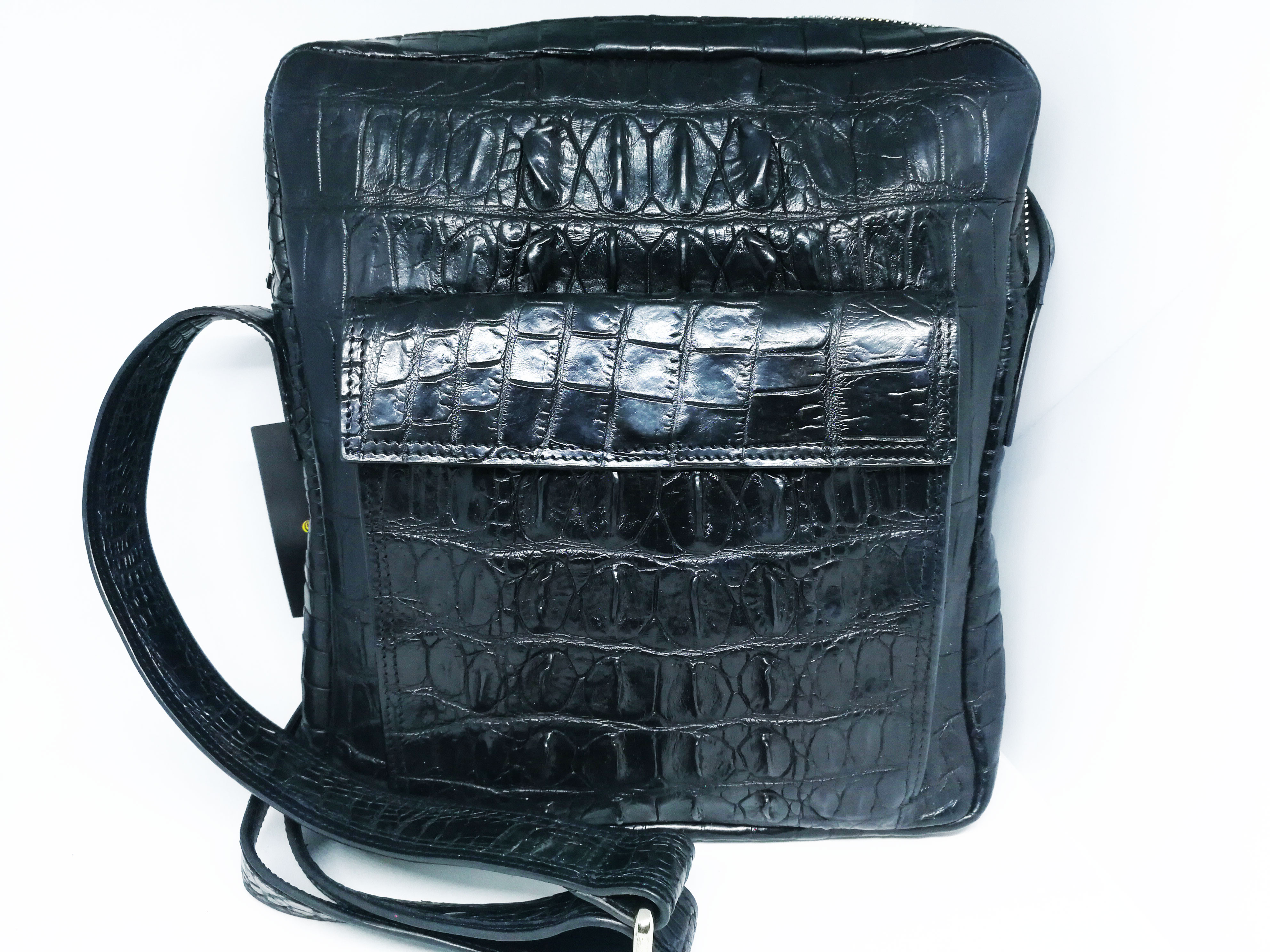 กระเป๋าสะพายหนังจระเข้แท้ สีดำ ส่วนหลัง #CRM367H-BL-01