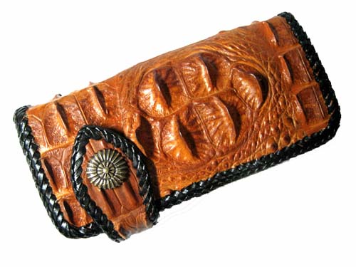 Biker Hornback Crocodile Leather Wallet with Weave Style in Light Brown(Tan) Crocodile Skin  #CRM463W-07