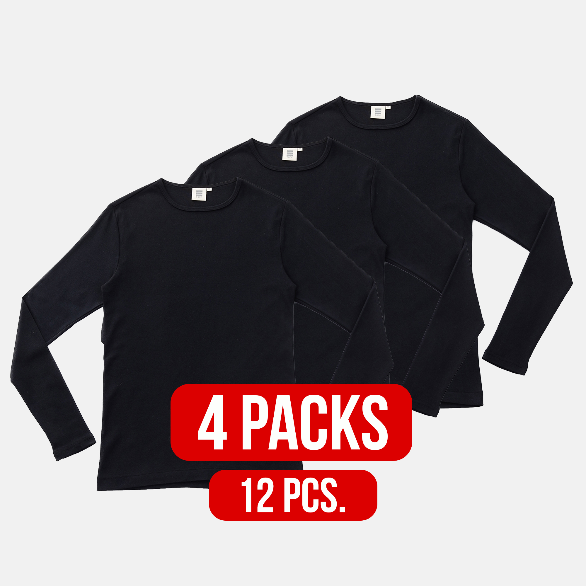 Long Sleeve Round Neck T-shirt BLACK (4Packs)(12 PCS.)