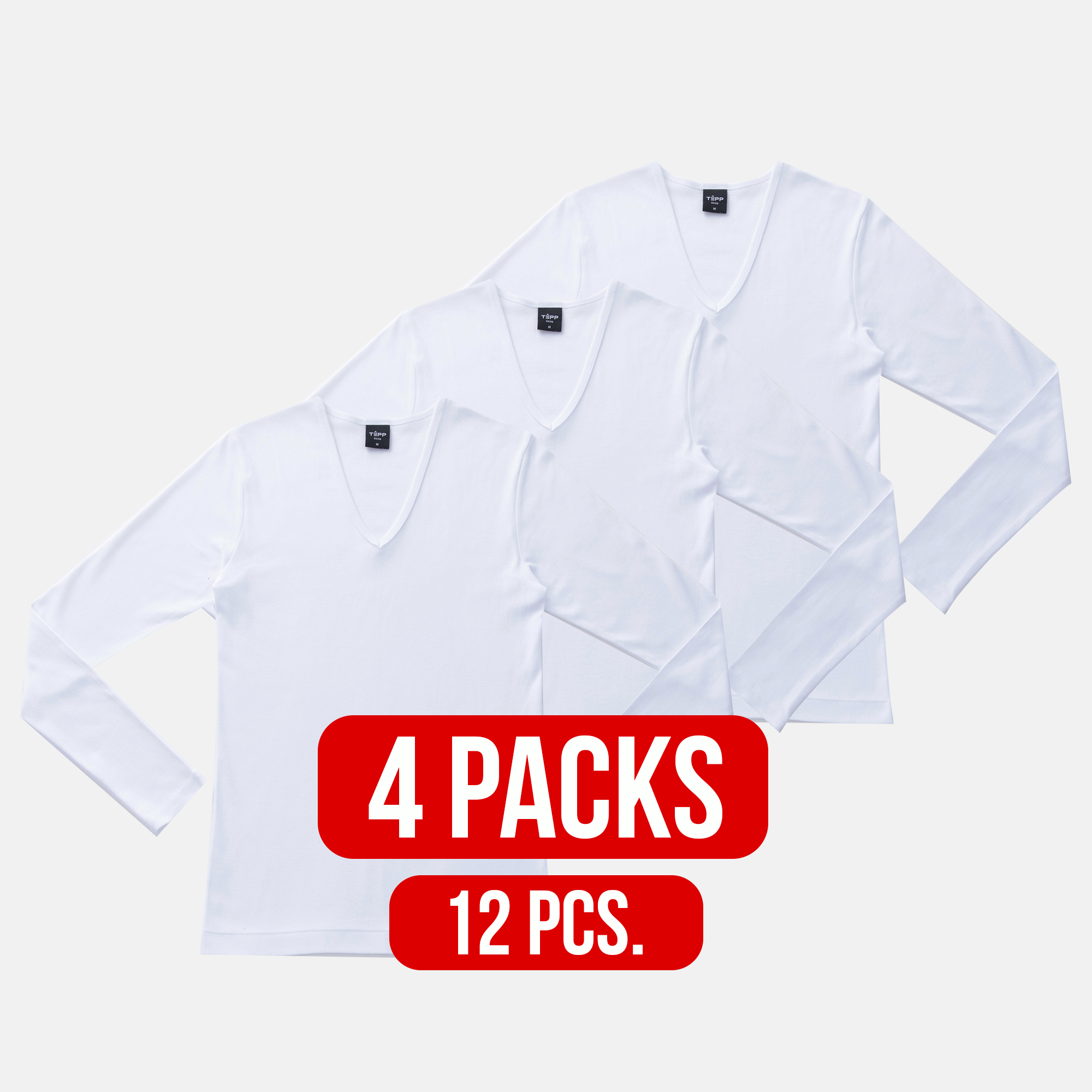 V-neck long sleeve t-shirt WHITE (4Packs)(12 PCS.)