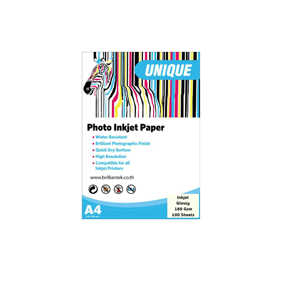UNIQUE PHOTO GLOSSY PAPER A4 / 180 แกรม (100 แผ่น) กระดาษพิมพ์ภาพถ่าย
