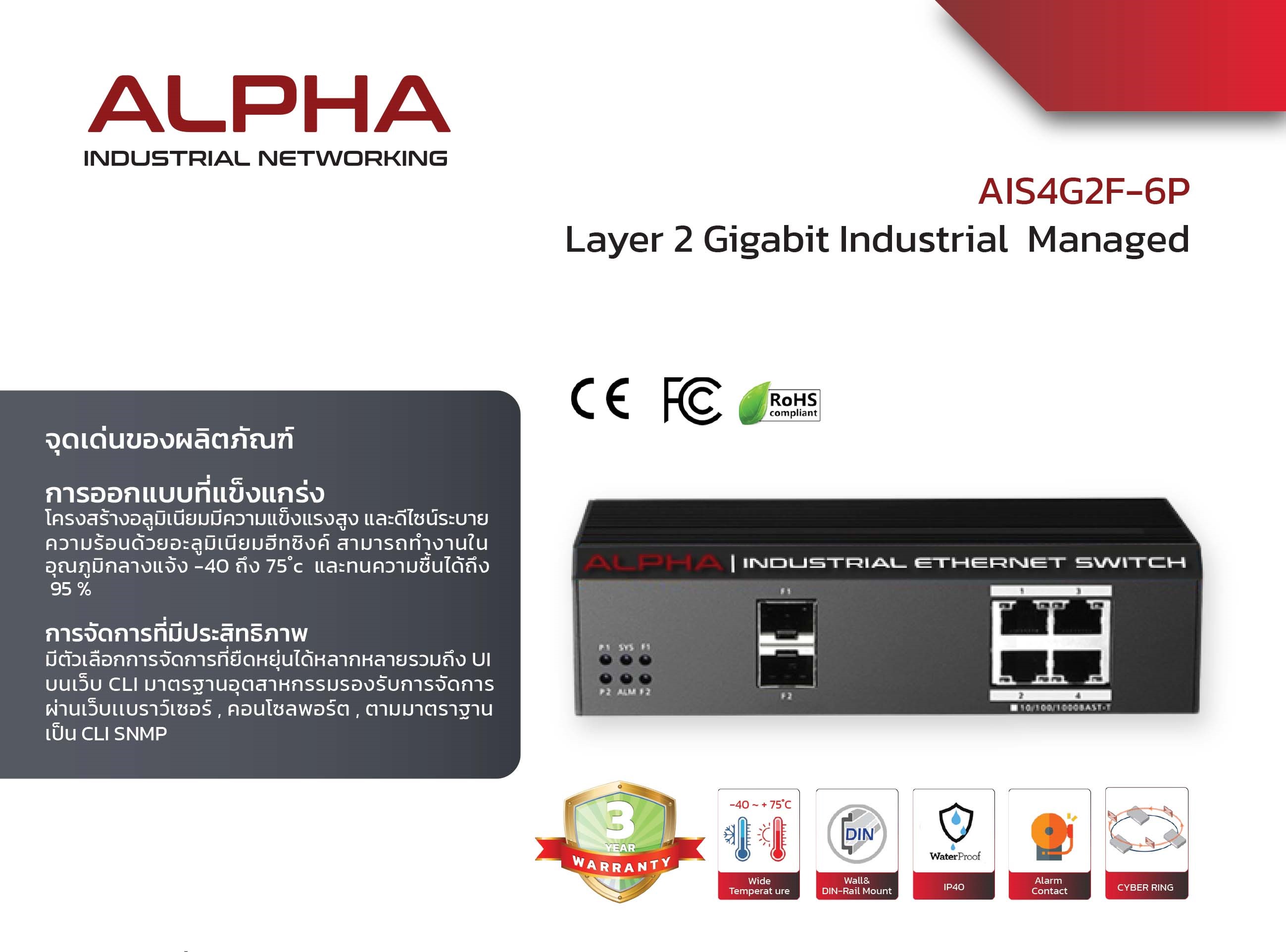 ALPHA  Layer 2 Gigabit Industrial  Managed รุ่น AIS4G2F-6P
