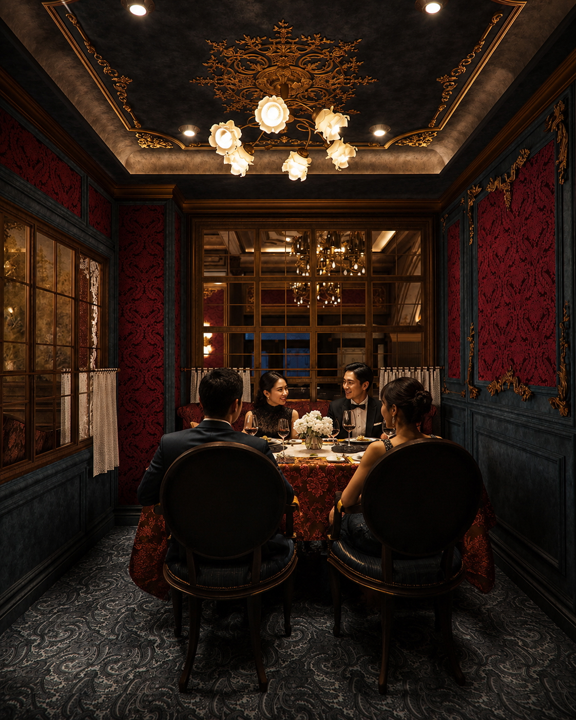 ห้อง Private Dining Lafayettes ตกแต่งด้วยโทนแดงและรายละเอียดสไตล์ยุโรป
