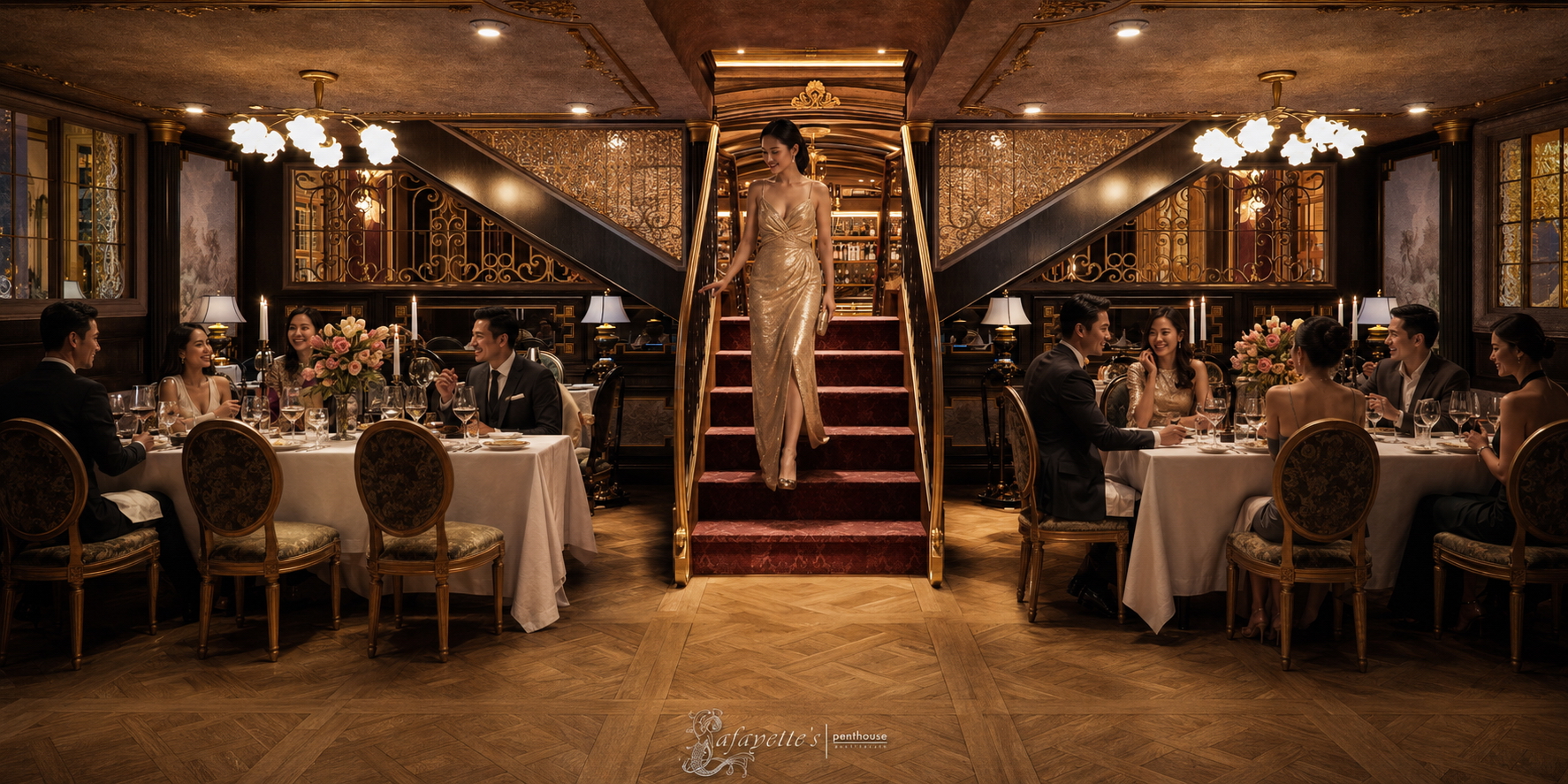 บันไดกลางและพื้นที่รับประทานอาหาร Lafayettes ในบรรยากาศ Fine Dining