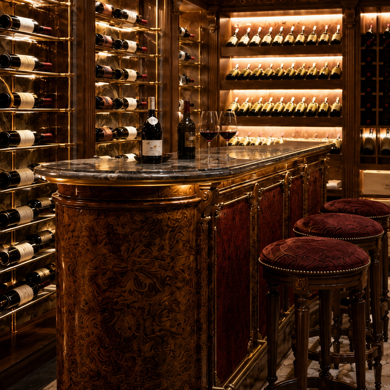 Wine Bar ภายใน Lafayettes พร้อมงานไม้และชั้นจัดแสดงไวน์