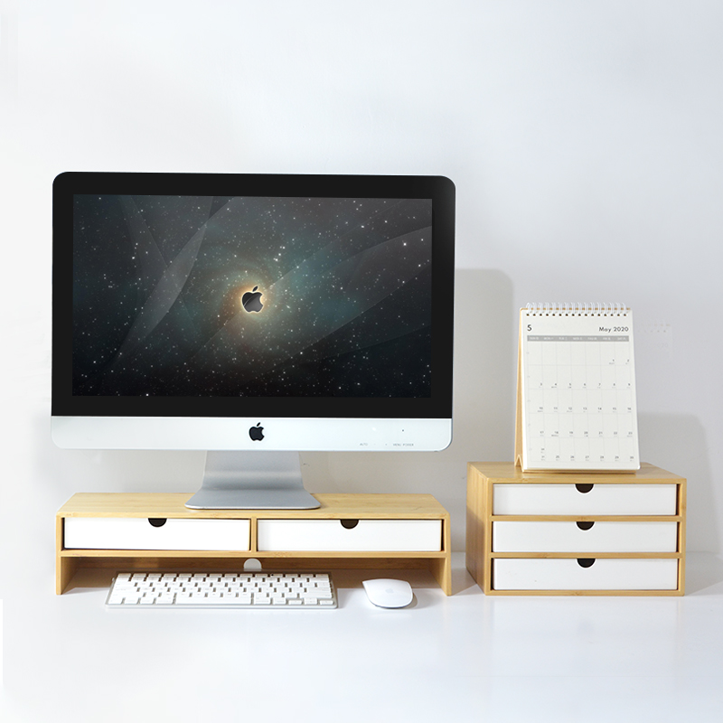 เซ็ตโต๊ะวางจอคอมพิวเตอร์ โน๊ตบุ๊ค + ตู้ลิ้นชัก 3 ชั้นบนโต๊ะทำงาน รุ่น Minimal Zen Wood Desk Station