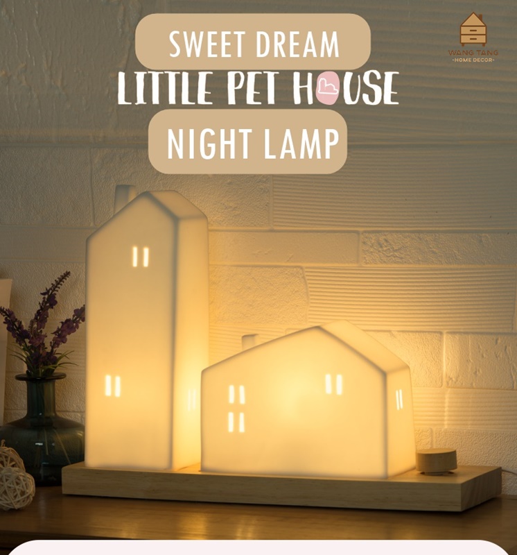 โคมไฟตั้งโต๊ะ,โคมไฟตั้งหัวเตียง รูปทรงบ้านฐานไม้สนไฟ Warm Light รุ่น Little Pet House