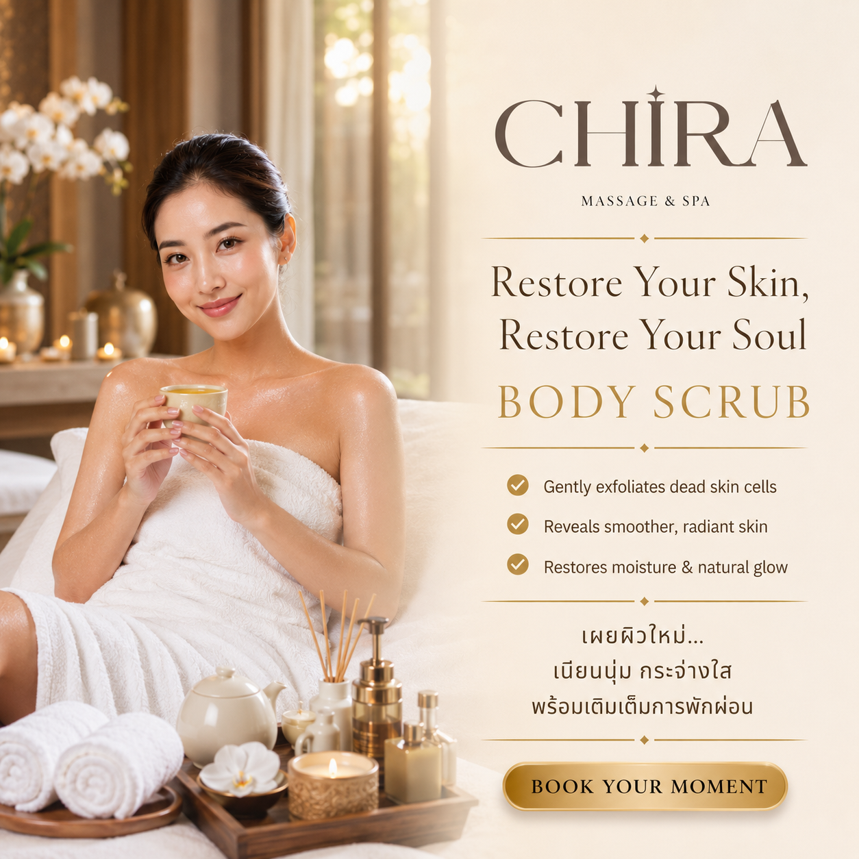 หญิงสาวผิวเนียนใสหลังขัดผิวกาย (Body Scrub) ที่ CHIRA Massage & Spa พร้อมจิบชาสมุนไพรในบรรยากาศสปาระดับพรีเมียม