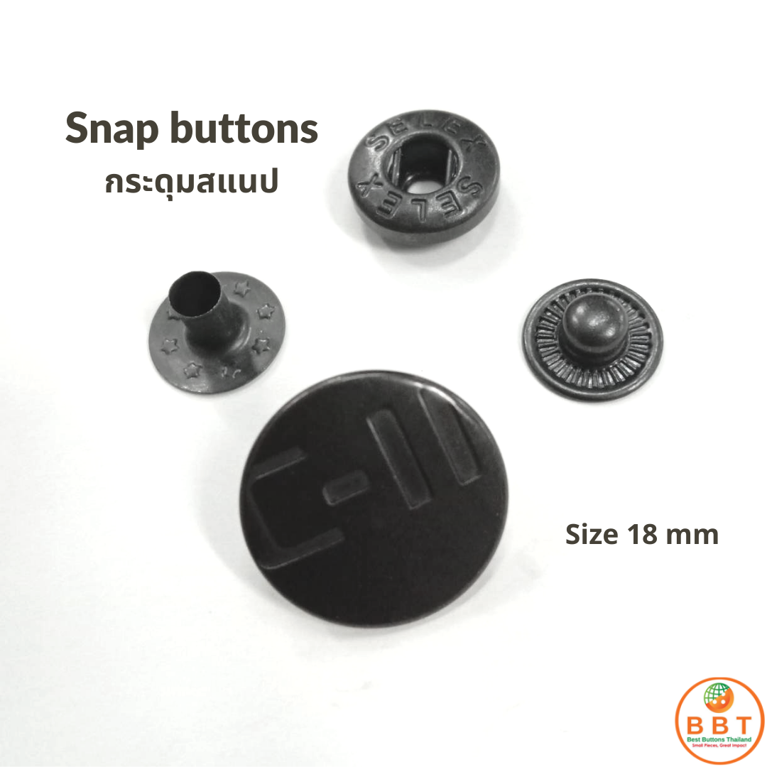 Silver snap buttons, logo stamping