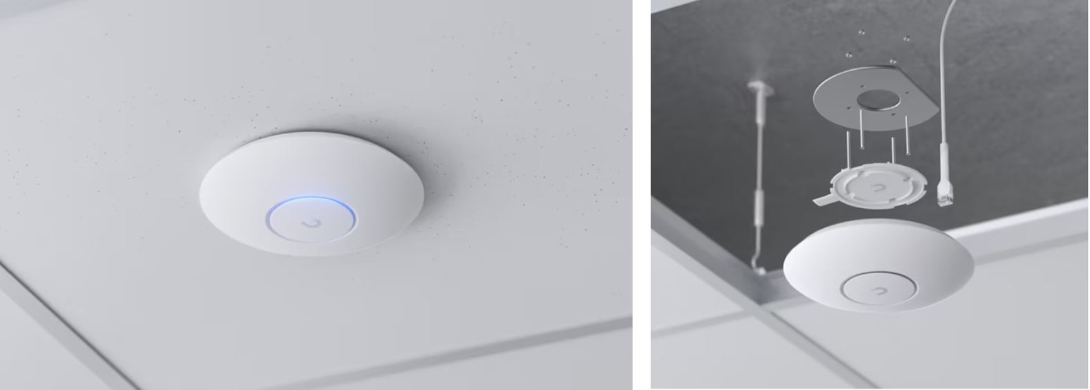 Ubiquiti UniFi U7 Lite ติดตั้งบนเพดาน พร้อมภาพแสดงชุดยึดติดตั้งและสาย Ethernet เหนือฝ้า