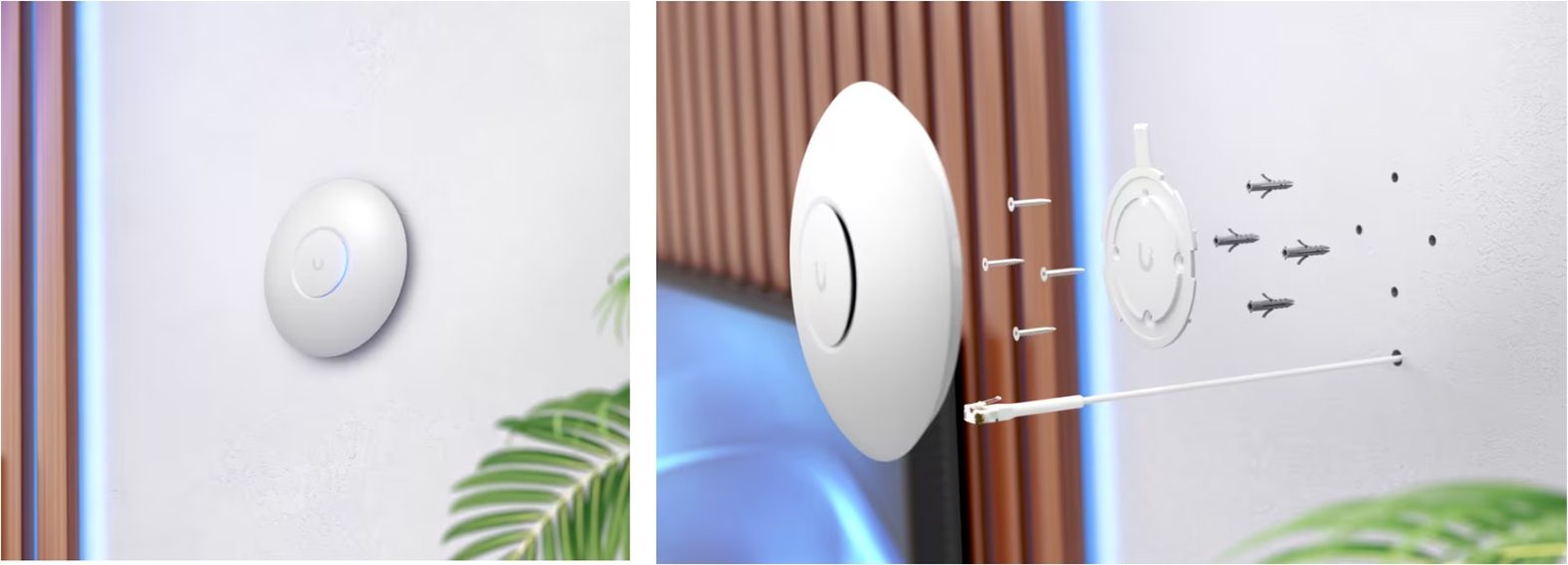 Ubiquiti UniFi U7 Lite ติดตั้งบนผนัง พร้อมภาพแสดงแผ่นยึด สกรู และการเดินสาย Ethernet