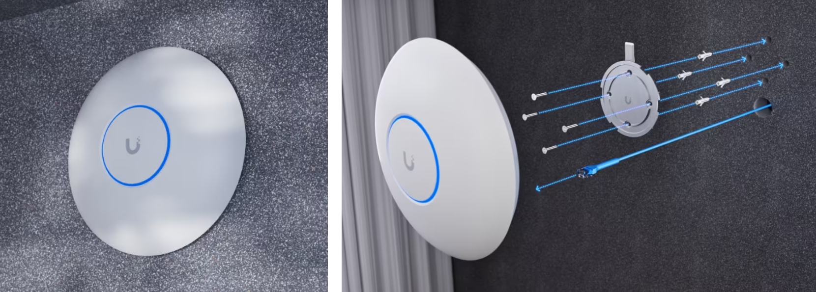 Ubiquiti UniFi U7 Long-Range (U7-LR) ติดตั้งบนผนัง พร้อมภาพแสดงแผ่นยึด สกรู และสาย Ethernet สำหรับการติดตั้ง